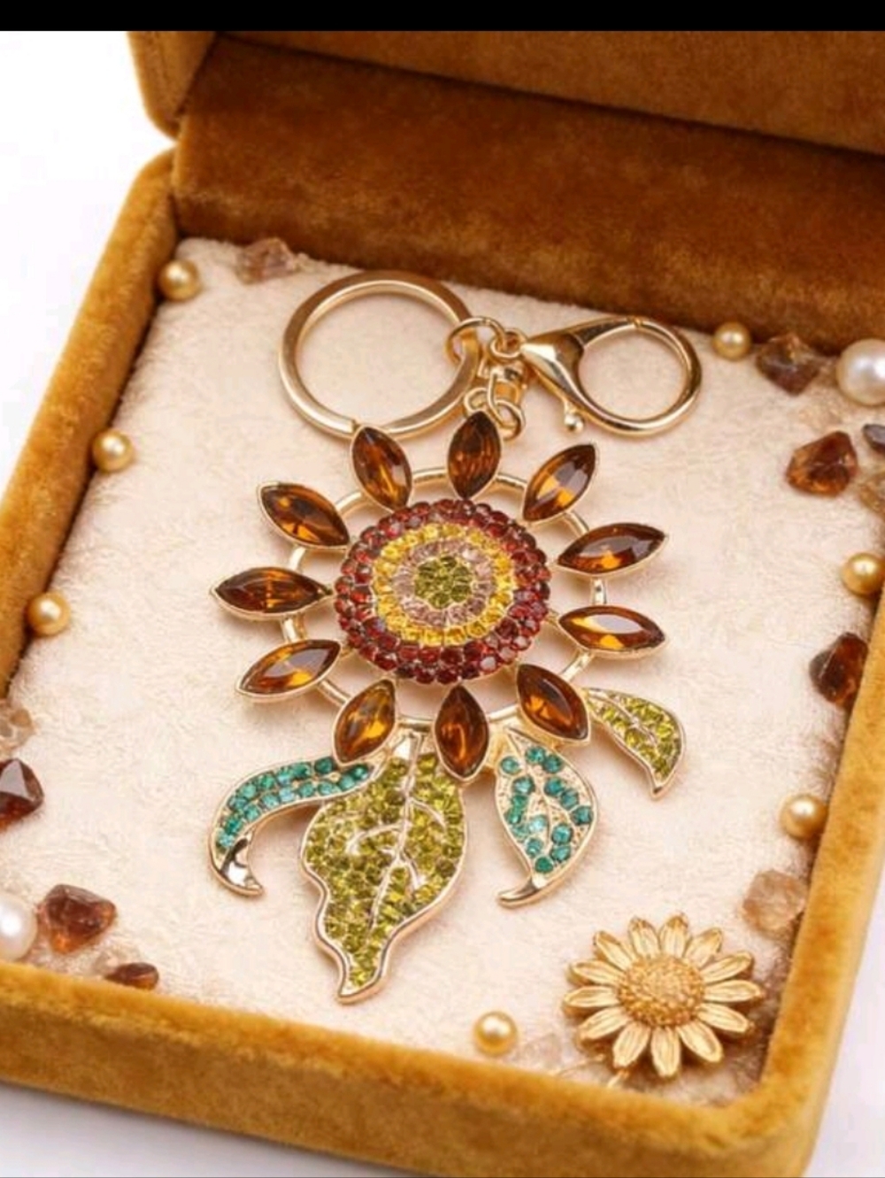 Gold Floral Crystal Sunflower Bag Charm Keychain - Multicolor